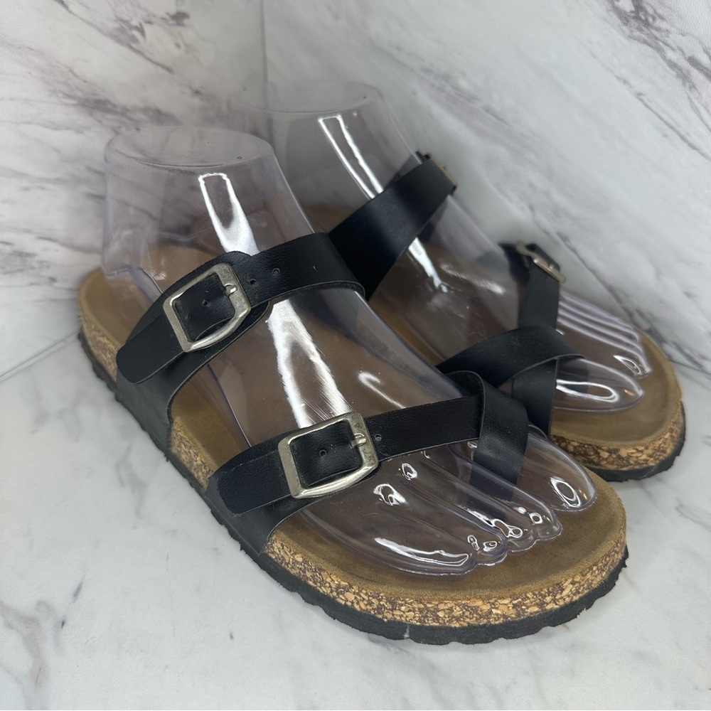 Double Strap Criss Cross Toe Sandals - Cork Style - Black - Size 7